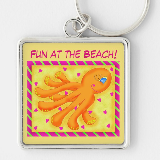 Fun at the Beach Whimsy Octopus Yellow Orange Key Ring (Front)