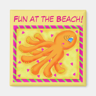 Fun at the Beach Whimsy Octopus Yellow Orange Magnet
