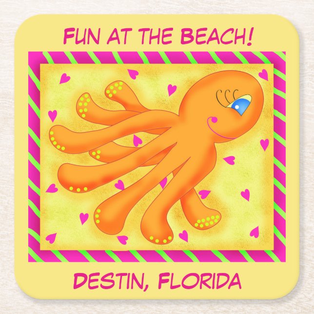 Fun at the Beach Whimsy Octopus Yellow Orange Square Paper Coaster (Front)