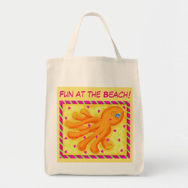 Fun at the Beach Whimsy Octopus Yellow Orange Tote Bag (Front)