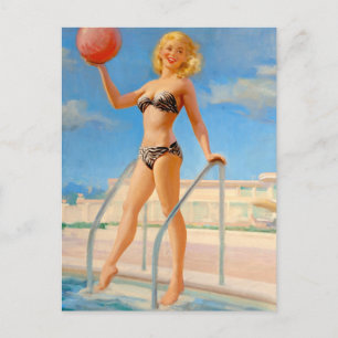 Fun at the Swimming Pool Pin Up Postcard