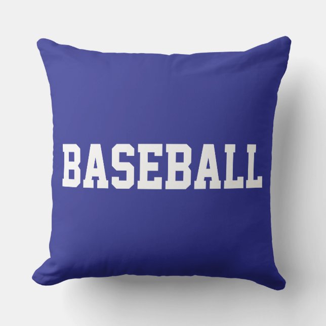 Fun Athletic Bold White BASEBALL Text On Deep Blue Cushion (Front)