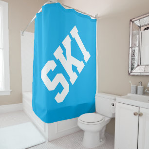 Fun Athletic Diagonal White SKI Text On Azure Blue Shower Curtain
