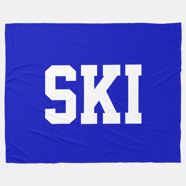 Fun Athletic White SKI Text On Deep Royal Blue Fleece Blanket (Front (Horizontal))