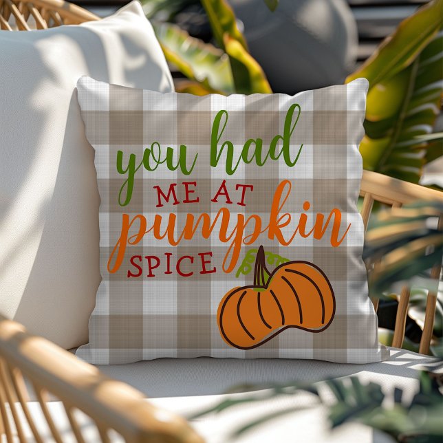Fun Autumn Quote Orange Pumpkin On Gingham Pattern Cushion (Creator Uploaded)