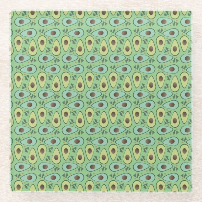 Fun Avocado Half Greenery Pattern Glass Coaster (Front)