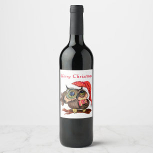 Fun Baby Owl In Christmas Hat and Gift For You Wine Label