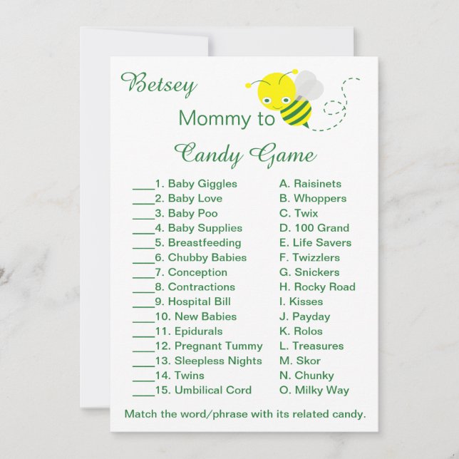 Fun Baby Shower Candy Game Cards (Front)