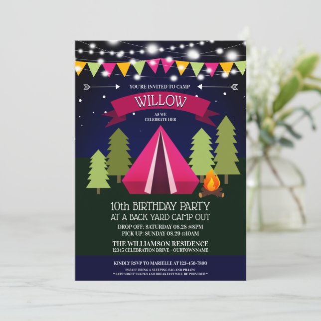 Fun Backyard Camp Out Birthday Party Invitation (Standing Front)
