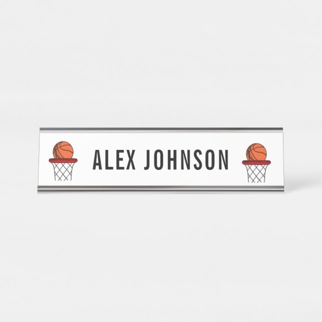 Fun Ball & Basket Basketball Player Coach Custom Desk Name Plate (Front)