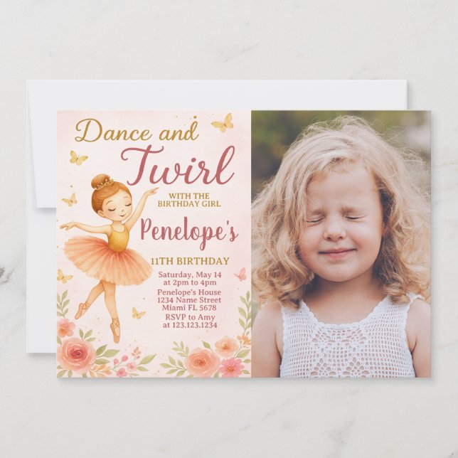 Fun Ballerina Birthday Invitation with photo (Front)