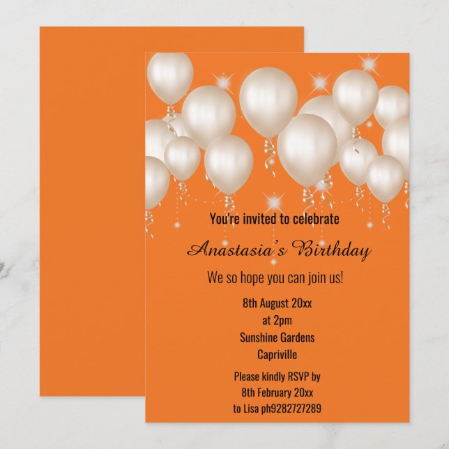 FUN BALLOON BRIGHT ORANGE BIRTHDAY  INVITATION (Front/Back)