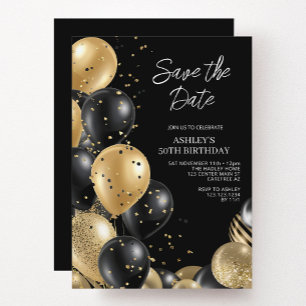 Fun Balloons Gold Black 50th Birthday Invitation