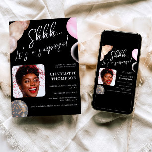 Fun balloons gold black photo surprise Sweet 16  Invitation