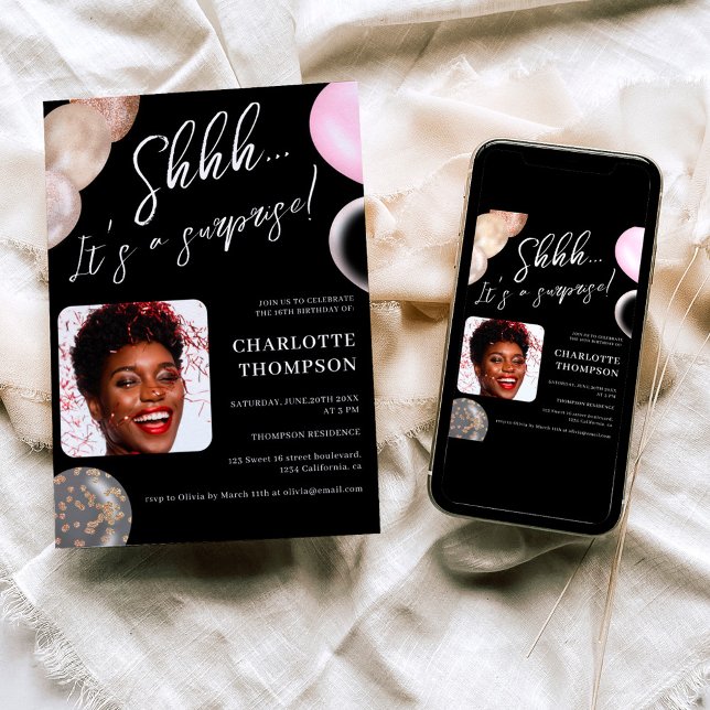 Fun balloons gold black photo surprise Sweet 16  Invitation (Creator Uploaded)