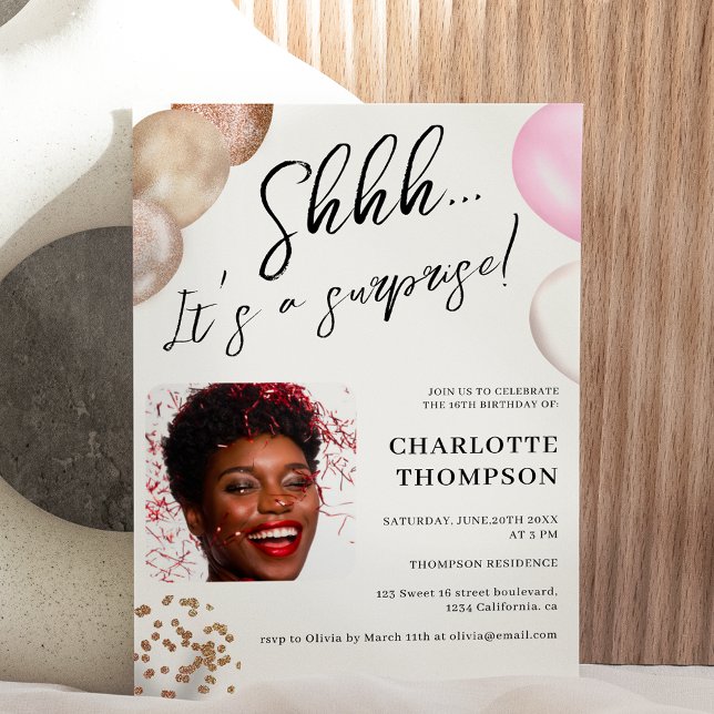 Fun balloons gold white photo surprise Sweet 16 Invitation (Creator Uploaded)