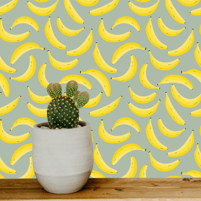 Fun Banana Yellow Sage Green Wallpaper (Banana fun fruity pattern on soft sage green art wallpaper)