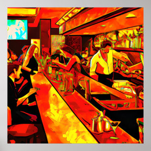 Fun Bar Scene Bartender and Customers Poster