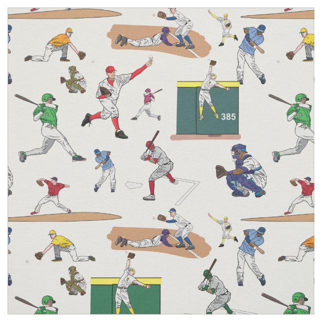 Fun Baseball Players Illustrations Pattern Fabric (Swatch)