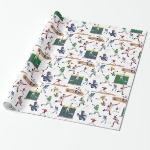 Fun Baseball Players Illustrations Pattern Wrapping Paper