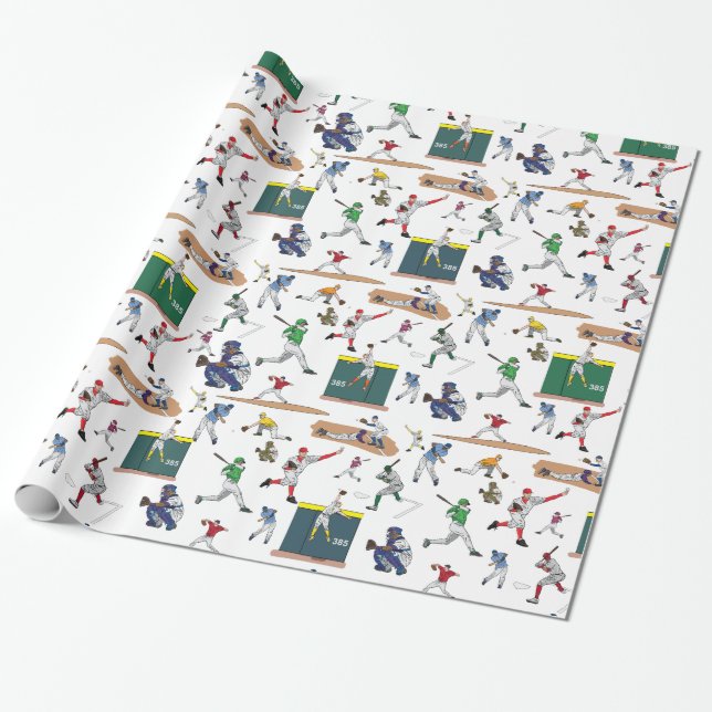 Fun Baseball Players Illustrations Pattern Wrapping Paper (Unrolled)