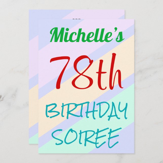 Fun, Basic "78th BIRTHDAY SOIREE" Invitation (Front/Back)