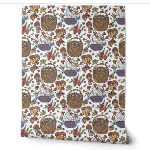Fun Basket of Mushrooms Pattern Wallpaper