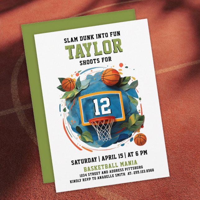 Fun Basketball Hoop Green Blue Kids Birthday Party Invitation (Creator Uploaded)