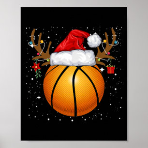 Fun Basketball Reindeer Santa Hat Christmas Holida Poster