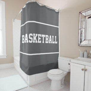 Fun BASKETBALL White Text Stripes On Modern Grey Shower Curtain