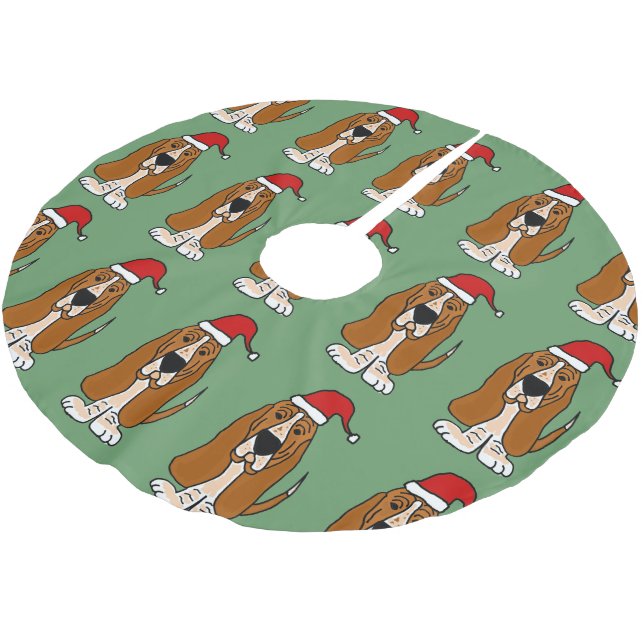 Fun Basset Hound in Santa Hat Christmas Tree Skirt (Angled)