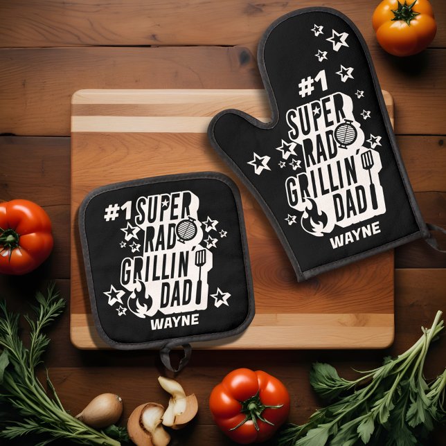 Fun BBQ #1 Super Rad Grillin' Dad Custom Name Oven Mitt & Pot Holder Set (Fun BBQ #1 Super Rad Grillin' Dad Custom Name Oven Mitt & Pot Holder Set)