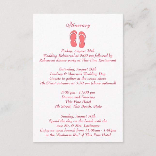 Fun Beach Flip Flops Pink Wedding Intinerary Enclosure Card (Front)