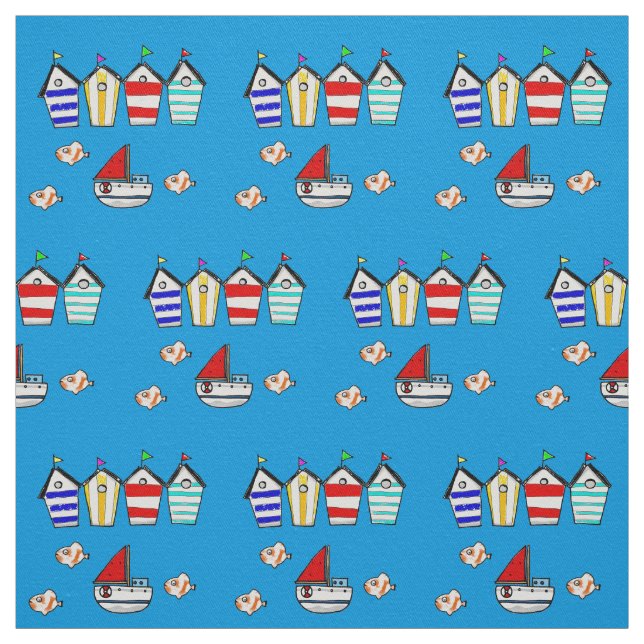 fun beach house & sea boat fabric (Swatch)