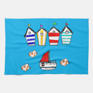 fun beach house & sea boat tea towel