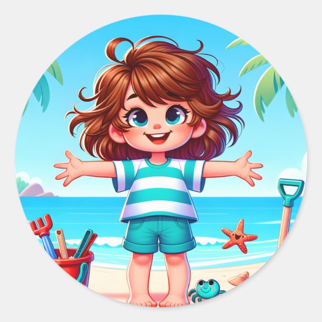 Fun beach kid scene  classic round sticker (Front)