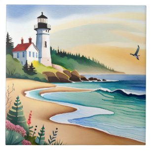 Fun beach lighthouse lovers ceramic tile