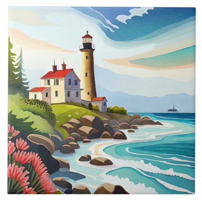 Fun beach lighthouse lovers  ceramic tile (Front)