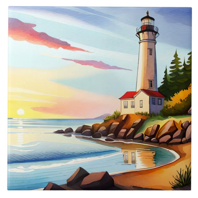 Fun beach lighthouse lovers  ceramic tile (Front)