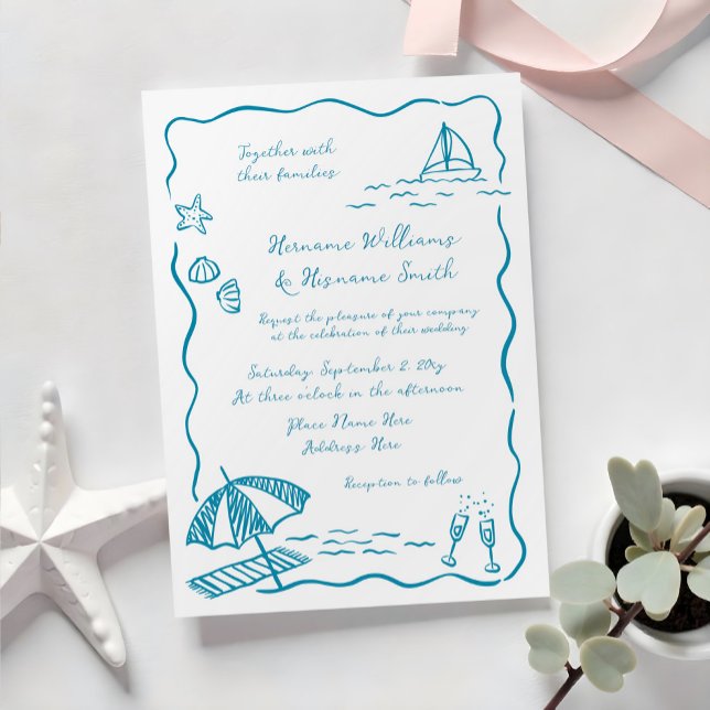Fun Beach Loose Doodle Sketch Hand Drawn Wedding Invitation (Creator Uploaded)