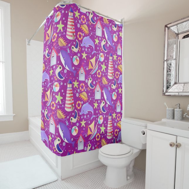 Fun Beach Magenta Shower Curtain (In Situ)