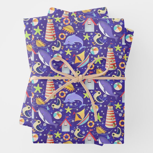 Fun Beach Navy Wrapping Paper (In situ)