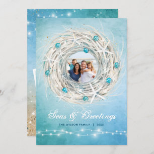 Fun Beach Photo Coastal Christmas Wreath Holiday Card