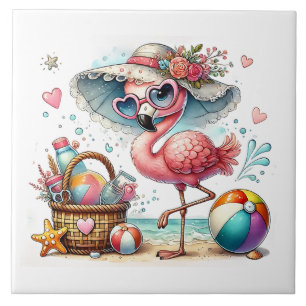 Fun beach pink flamingo  ceramic tile