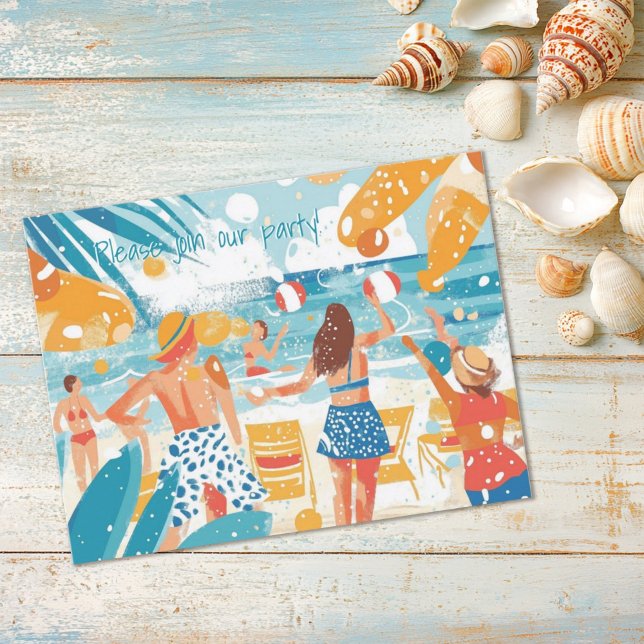 Fun Beach Scene Illustration Party Invitation Postcard (Creator Uploaded)