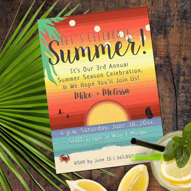 ☀️🌴 Fun Beach Sunset Tropical Summer Party Invitation (Colorful Tropical Summer Party Invitation with Retro Typography)