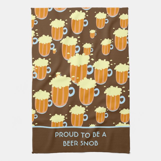 Fun Beer Snob Pattern on Brown and Blue Tea Towel (Vertical)