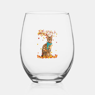 Fun Bengal Thanksgiving Autumn Cat Lover Gifts Stemless Wine Glass