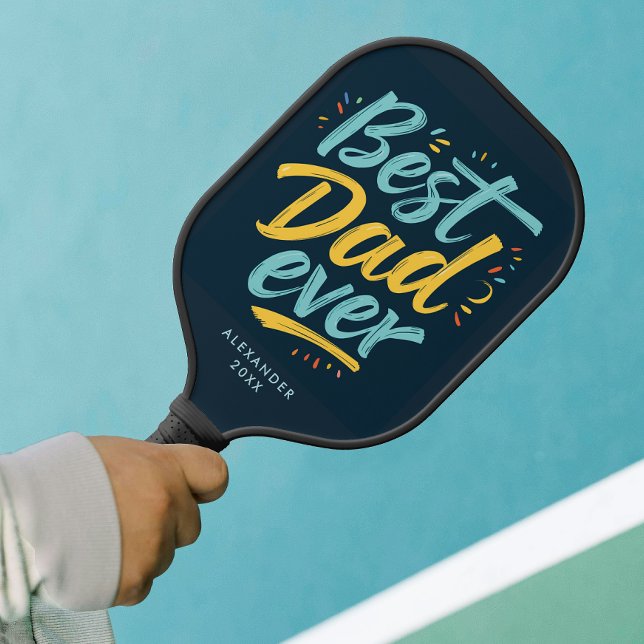 Fun Best Dad Ever Simple Navy Blue Yellow Script  Pickleball Paddle (Creator Uploaded)