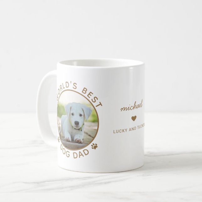 Fun Best Dog Dad Two Photo Gold Modern Typography Coffee Mug (Front Left)